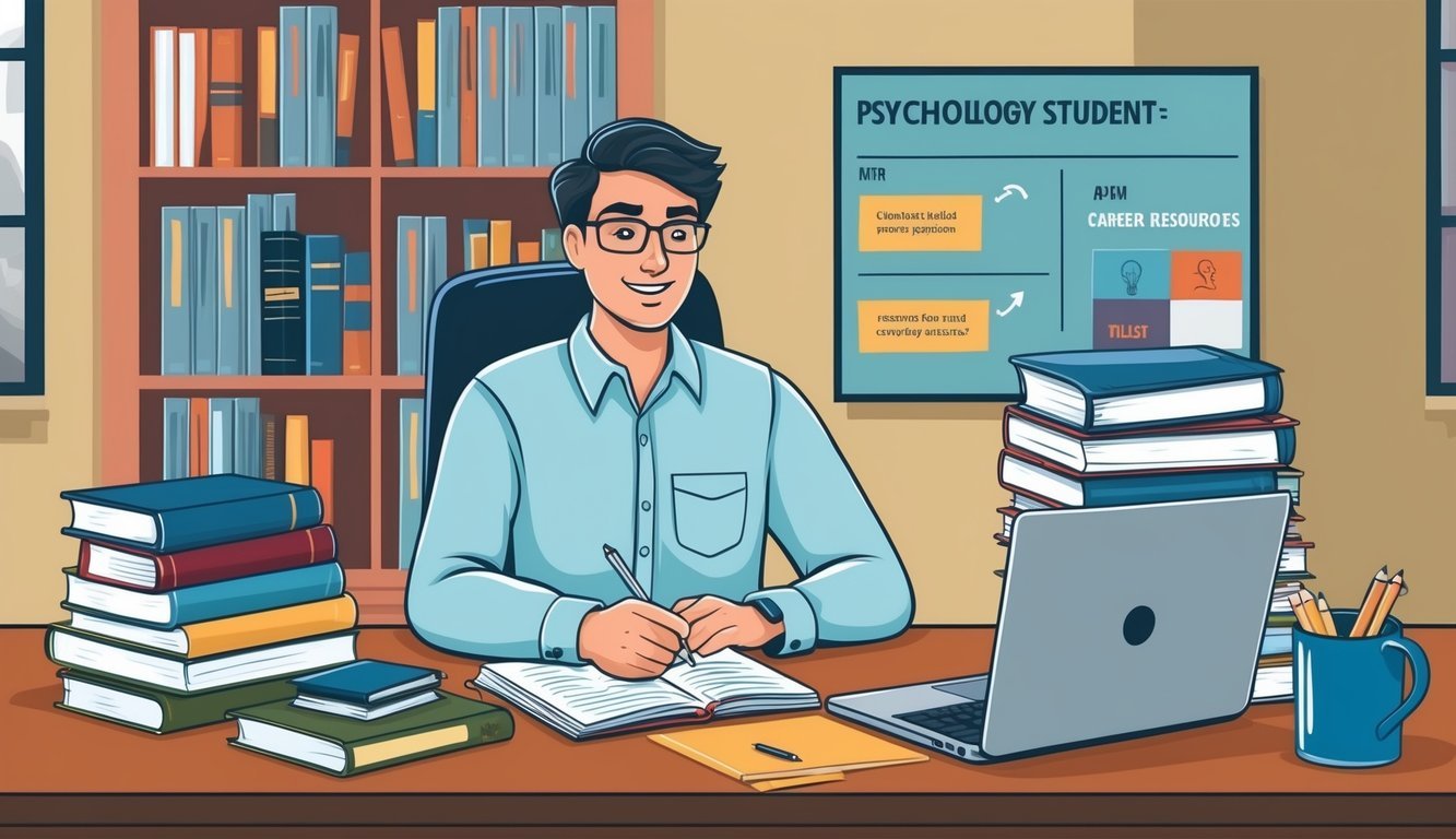 A psychology student sitting at a desk, surrounded by books, a laptop, and career resources.</p><p>They are researching job opportunities and taking notes