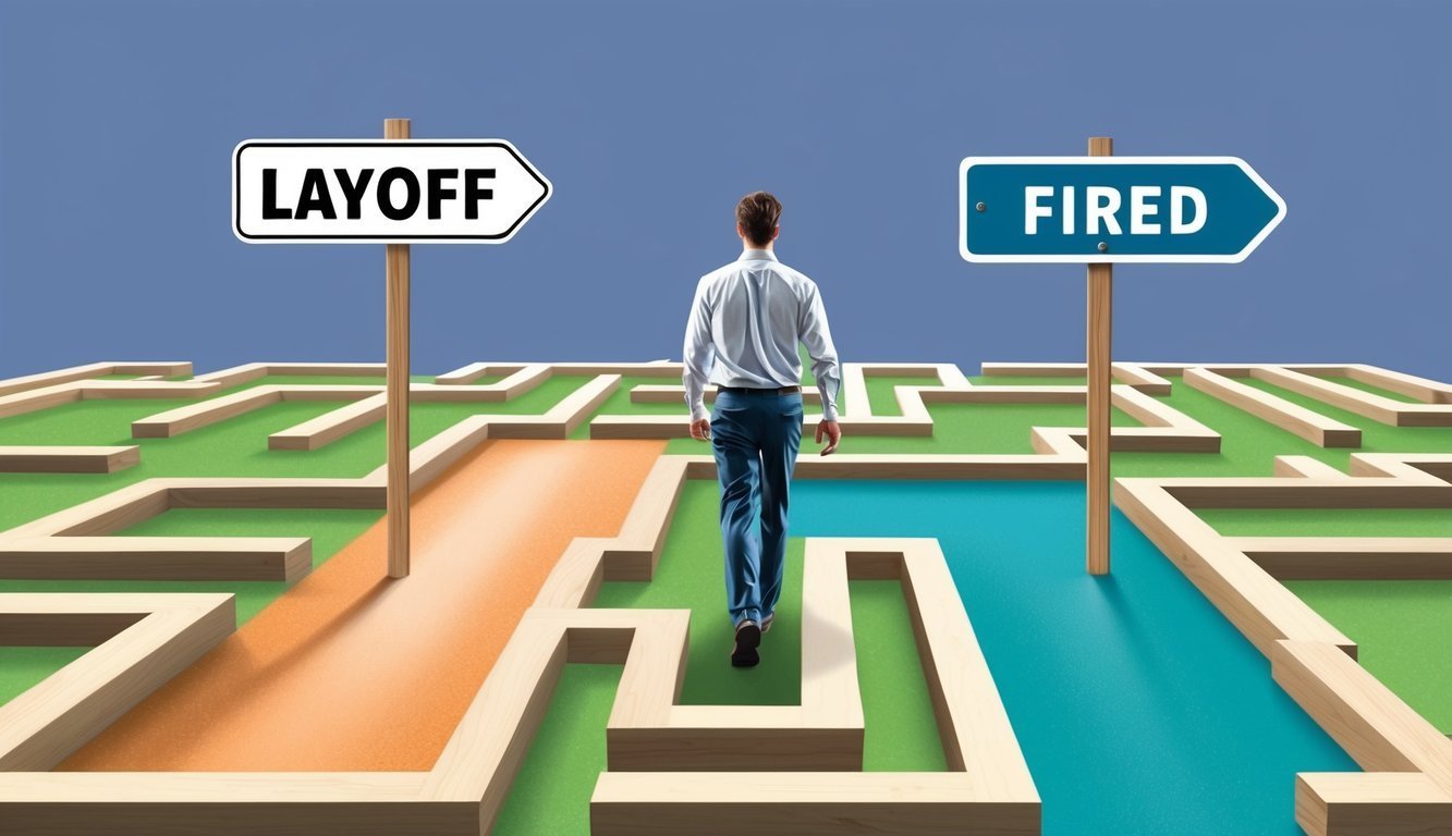 Man in maze facing "Layoff" and "Fired" signs, career choice concept