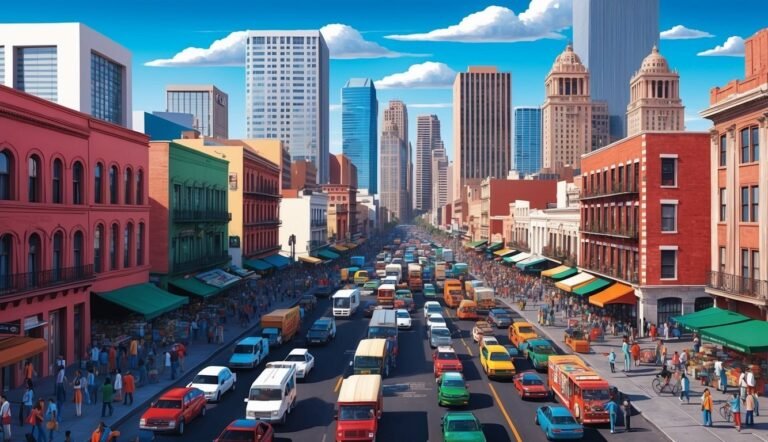 City street with colorful buildings, traffic, and pedestrians under a blue sky