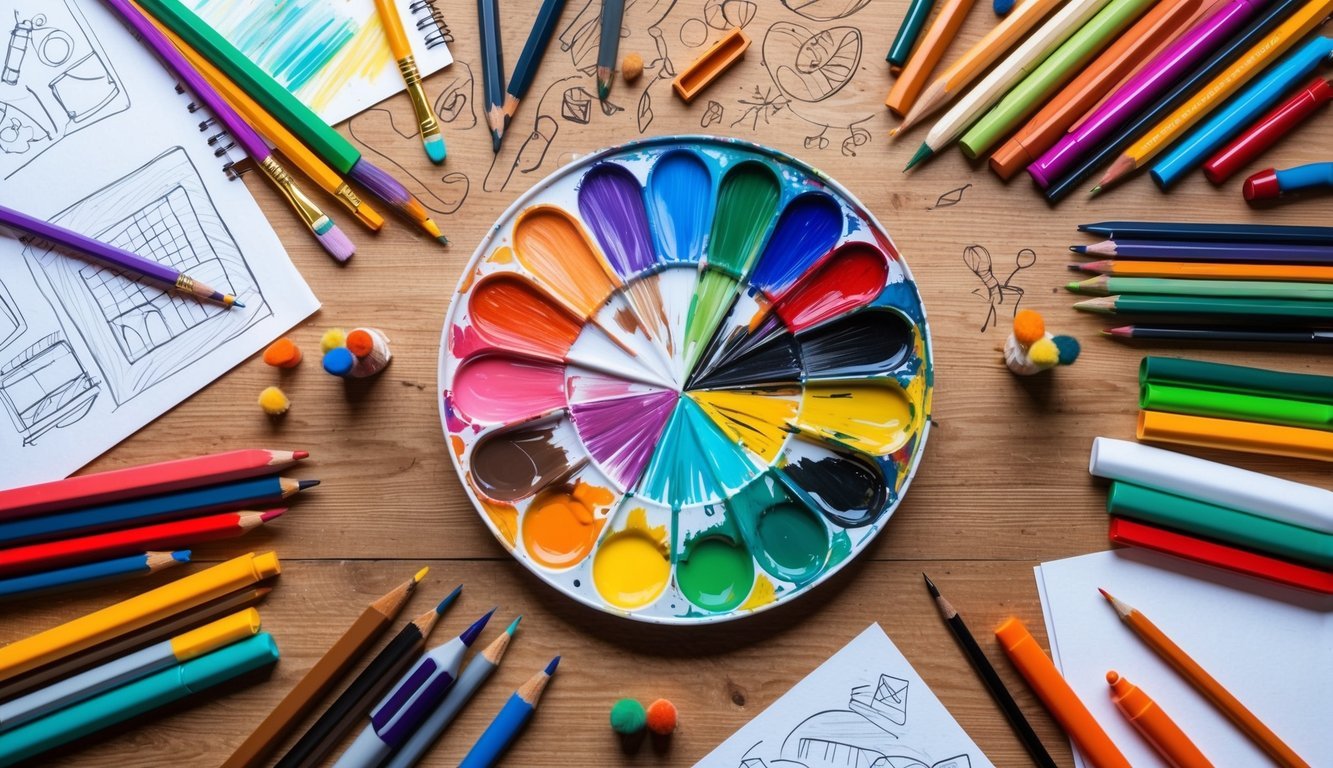 A colorful palette of paintbrushes, pencils, and markers scattered on a wooden desk surrounded by sketches and doodles