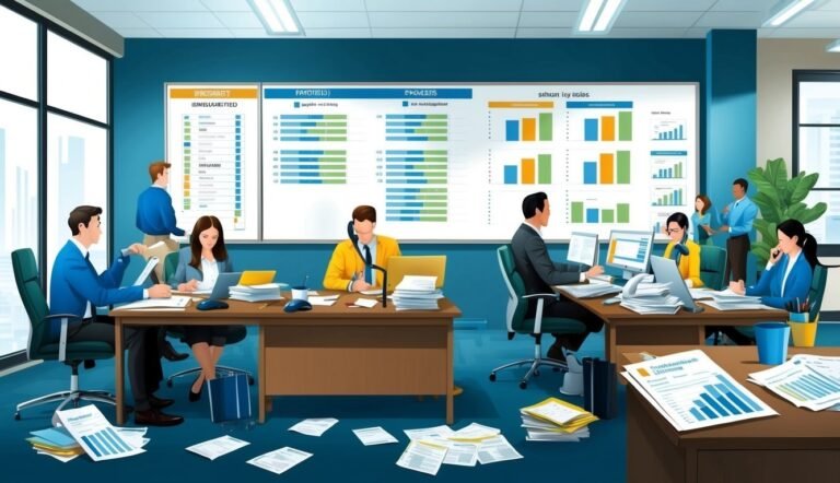 Office with people working at desks, charts on the wall, and papers