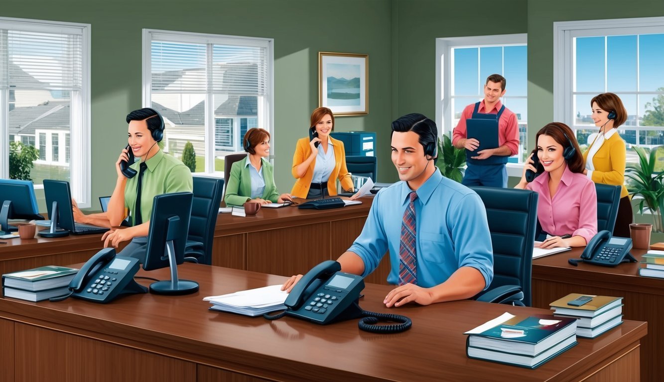 A bustling real estate office with employees answering phones and assisting clients