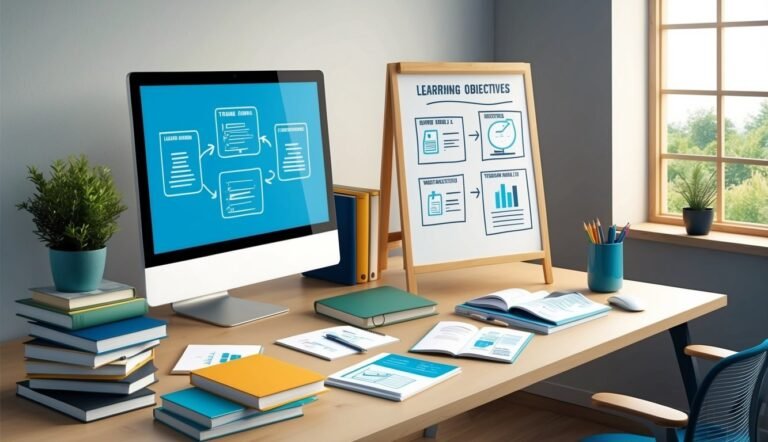 Desk with computer, whiteboard, books, and plants, illustrating learning objectives