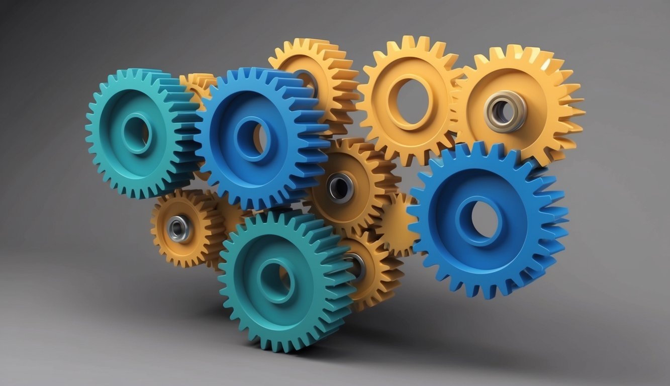 A group of interconnected gears turning in unison, symbolizing the smooth and efficient process of program development and execution