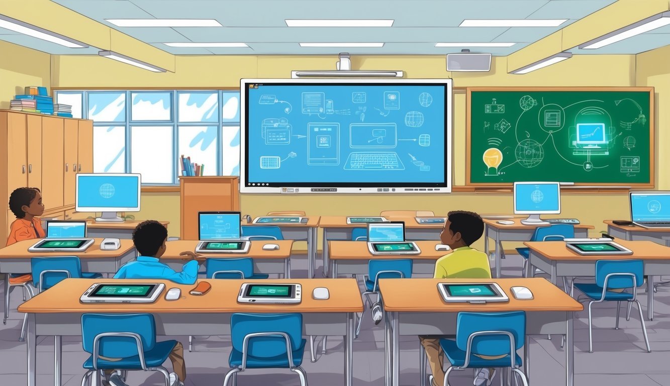 A classroom setting with various technological tools such as computers, tablets, and interactive whiteboards