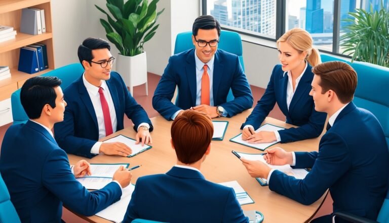 Business team in suits having a meeting around a table