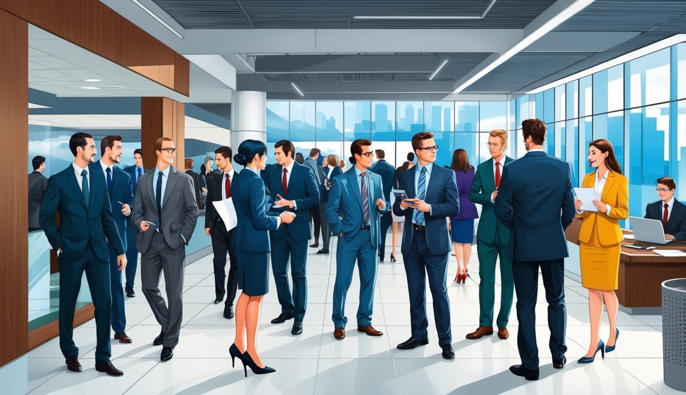 A bustling office lobby with suited professionals mingling and conversing, while interns observe and take notes