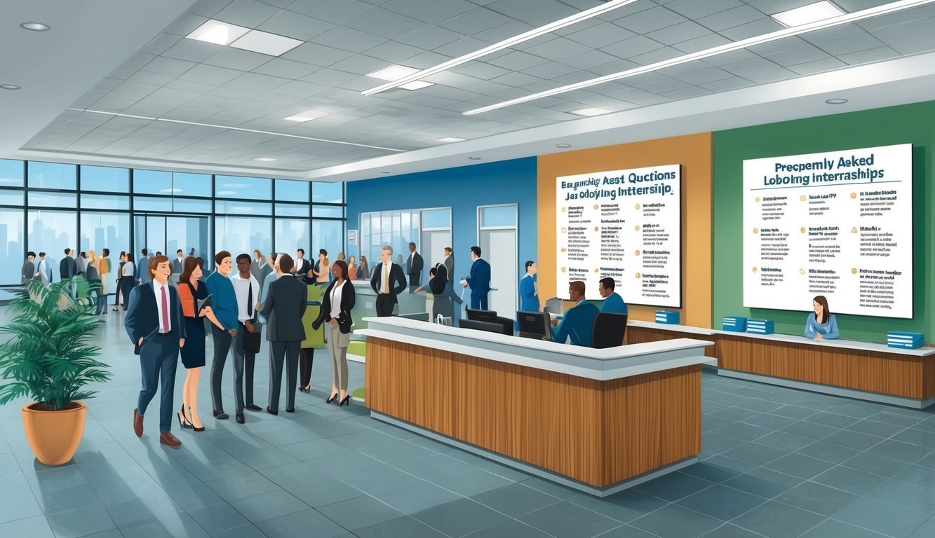 A bustling office lobby with people waiting in line, a reception desk, and a wall display of frequently asked questions about lobbying internships