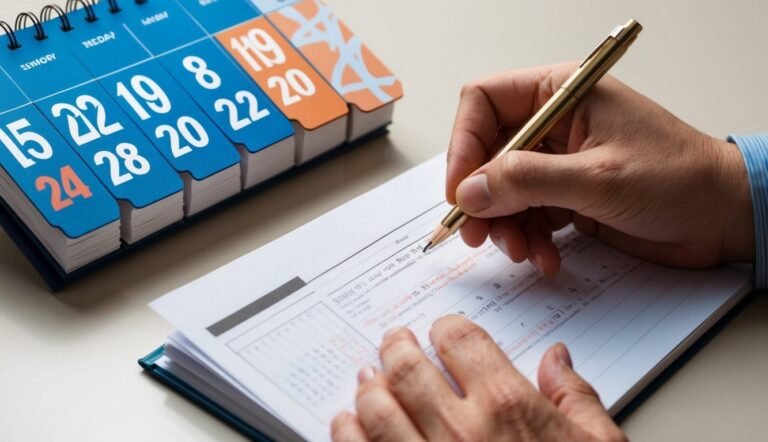 Person writing on a planner with a calendar in the background