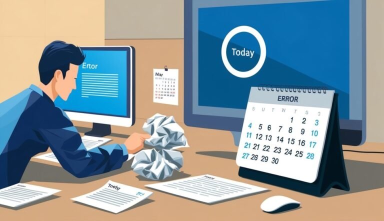 Man at desk with computer, error calendar, and crumpled paper