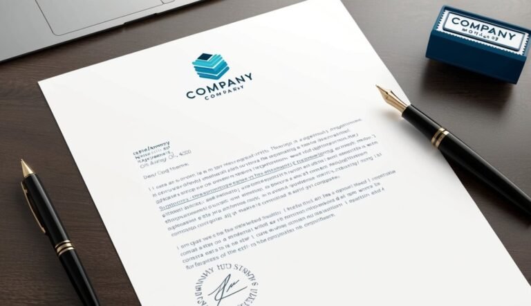Letterhead with company logo, pen, and stamp on a wooden desk