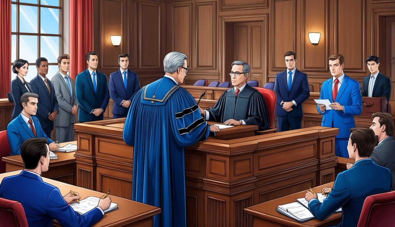 A busy courtroom with a judge presiding over a legal case, while lawyers and interns observe and take notes