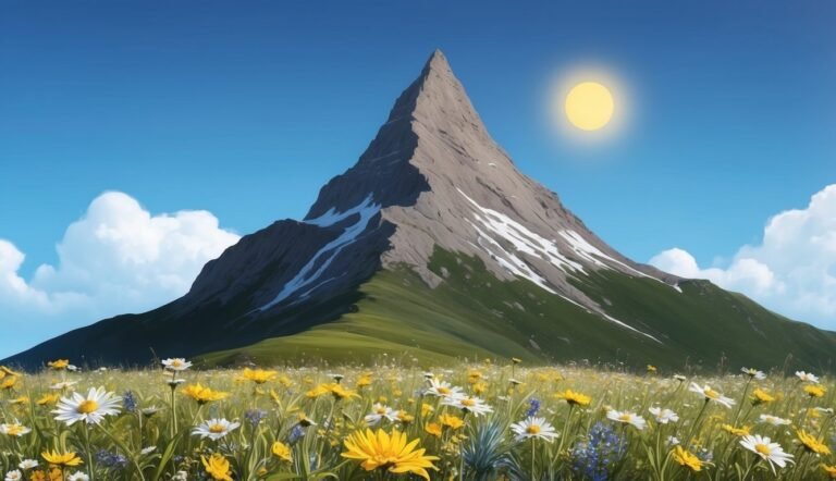 Mountain with snow, wildflowers, and sun in a bright blue sky