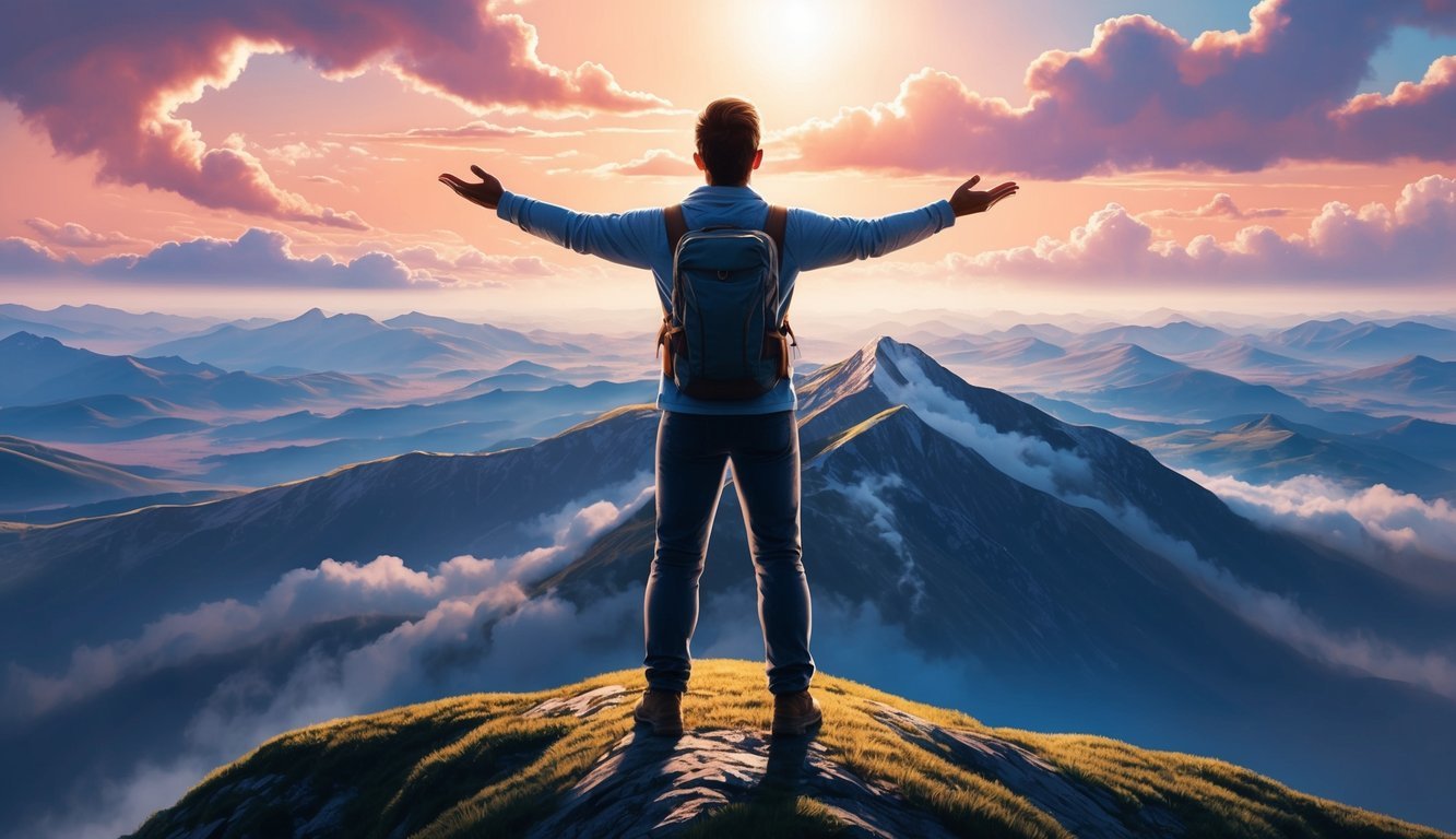 A person standing on a mountain peak, arms outstretched, overlooking a vast landscape of possibilities