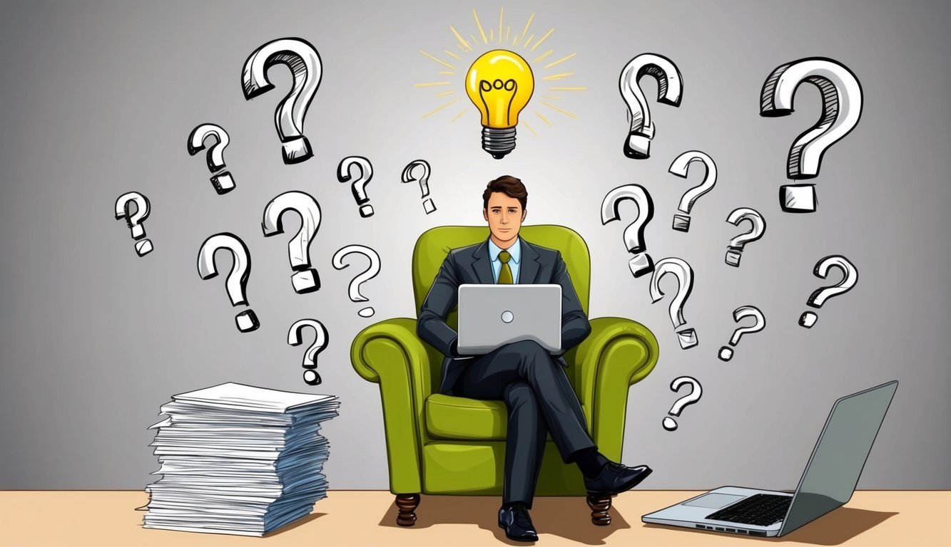 A person sitting in a chair, surrounded by question marks and a lightbulb overhead, with a stack of papers and a laptop on the table