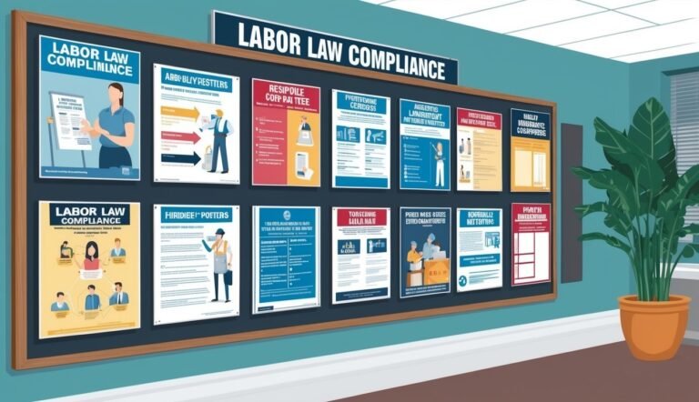 Bulletin board with labor law compliance posters and a potted plant