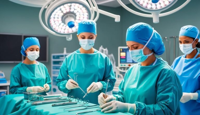 Surgeons in scrubs and masks preparing surgical tools in an operating room