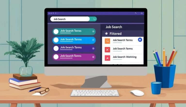 Computer screen displaying a job search interface, with desk accessories and a plant