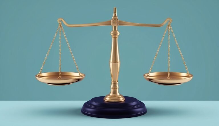 Golden scales of justice, balanced, on a blue background