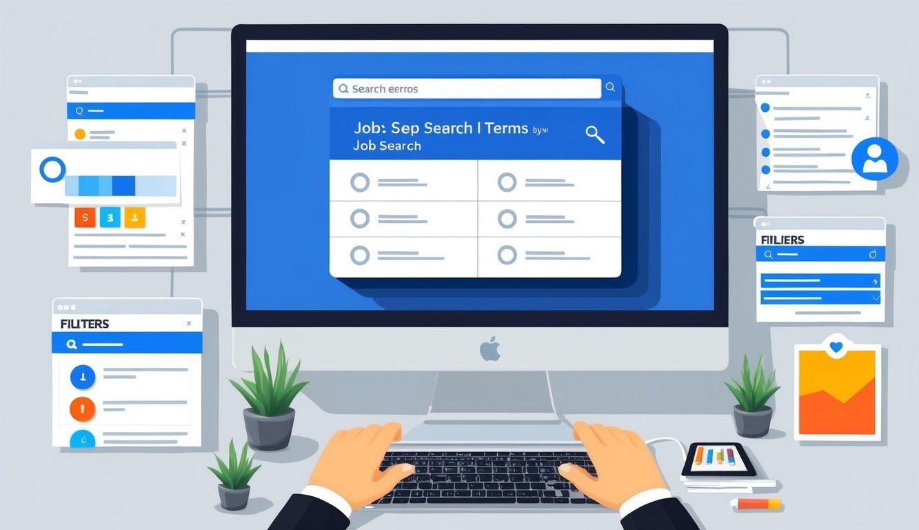A computer screen displaying a search bar with tailored job search terms, surrounded by various filters and options for customization