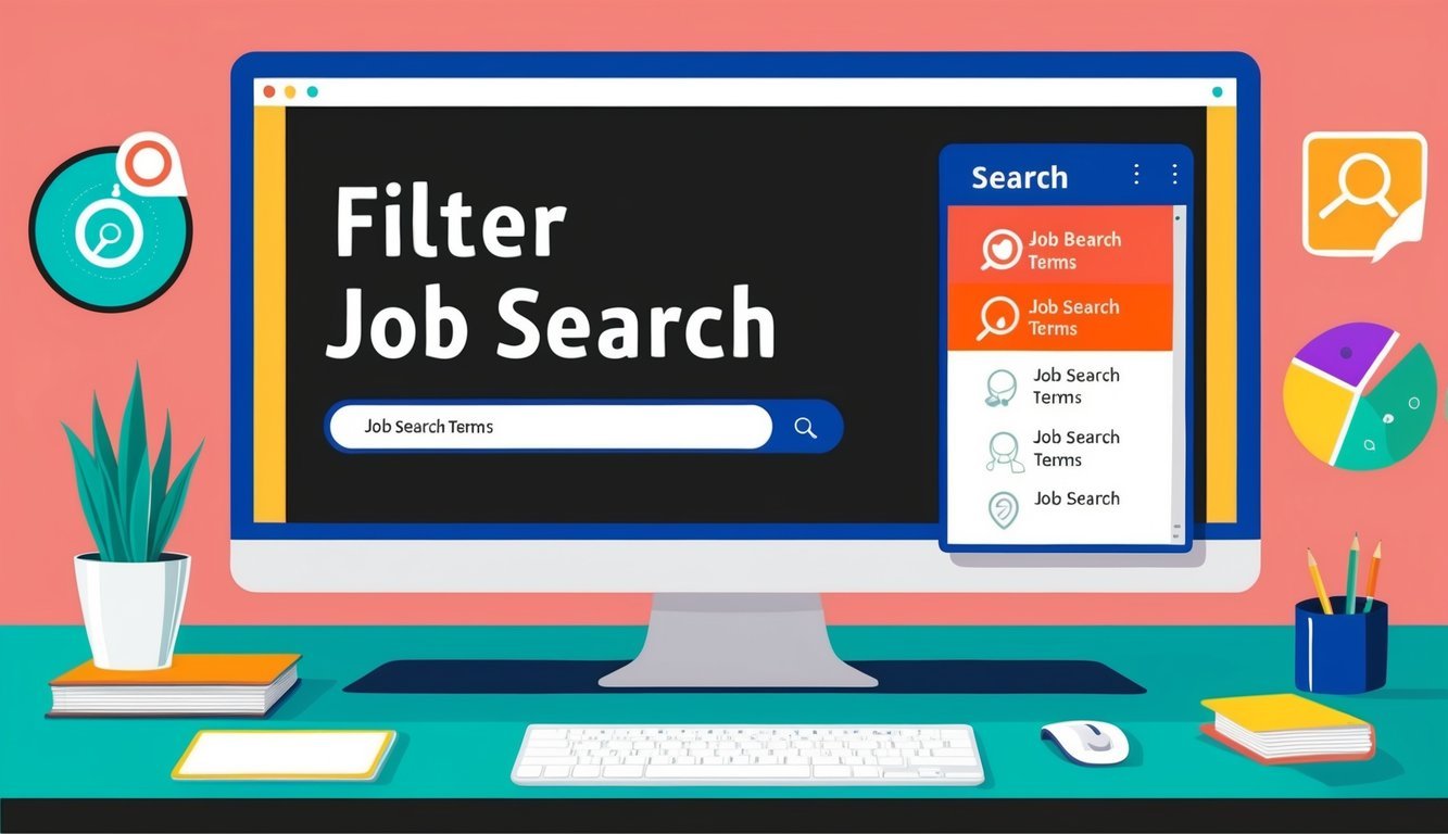 A computer screen with search bar and dropdown menu, displaying filtered job search terms