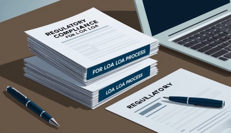 Stack of regulatory compliance documents, laptop, and pens on a desk