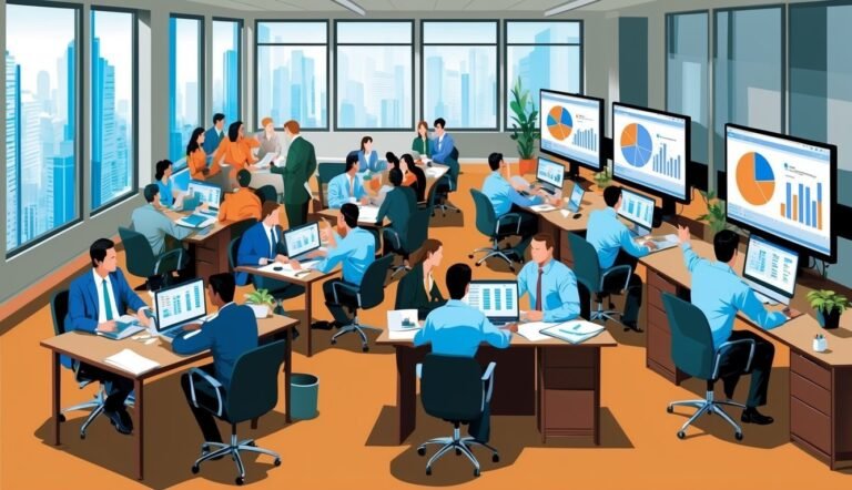 Office scene with people working on computers, graphs on screens