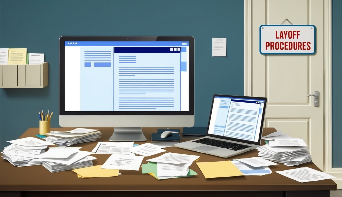 A desk cluttered with papers, a computer screen displaying a layoff letter, and a closed office door with a "Layoff Procedures" sign