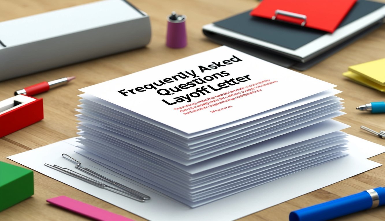 A stack of paper with "Frequently Asked Questions Layoff letter" printed on top, surrounded by scattered office supplies