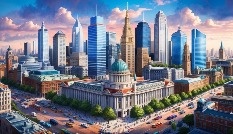Cityscape with a large building with a dome, surrounded by skyscrapers