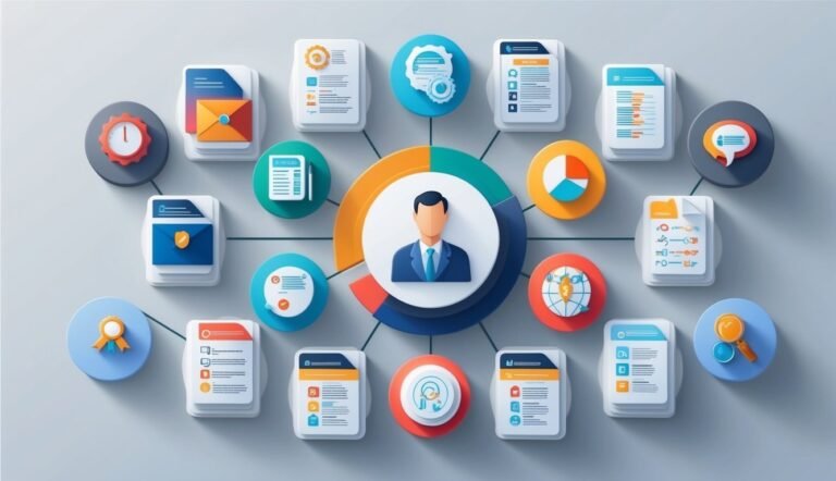 Business process diagram with a central figure and connected documents