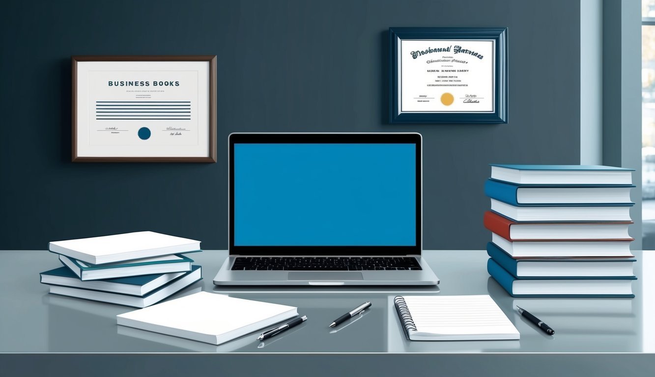 A sleek desk with a laptop, notepad, and pen.</p><p>A stack of business books and a framed diploma on the wall