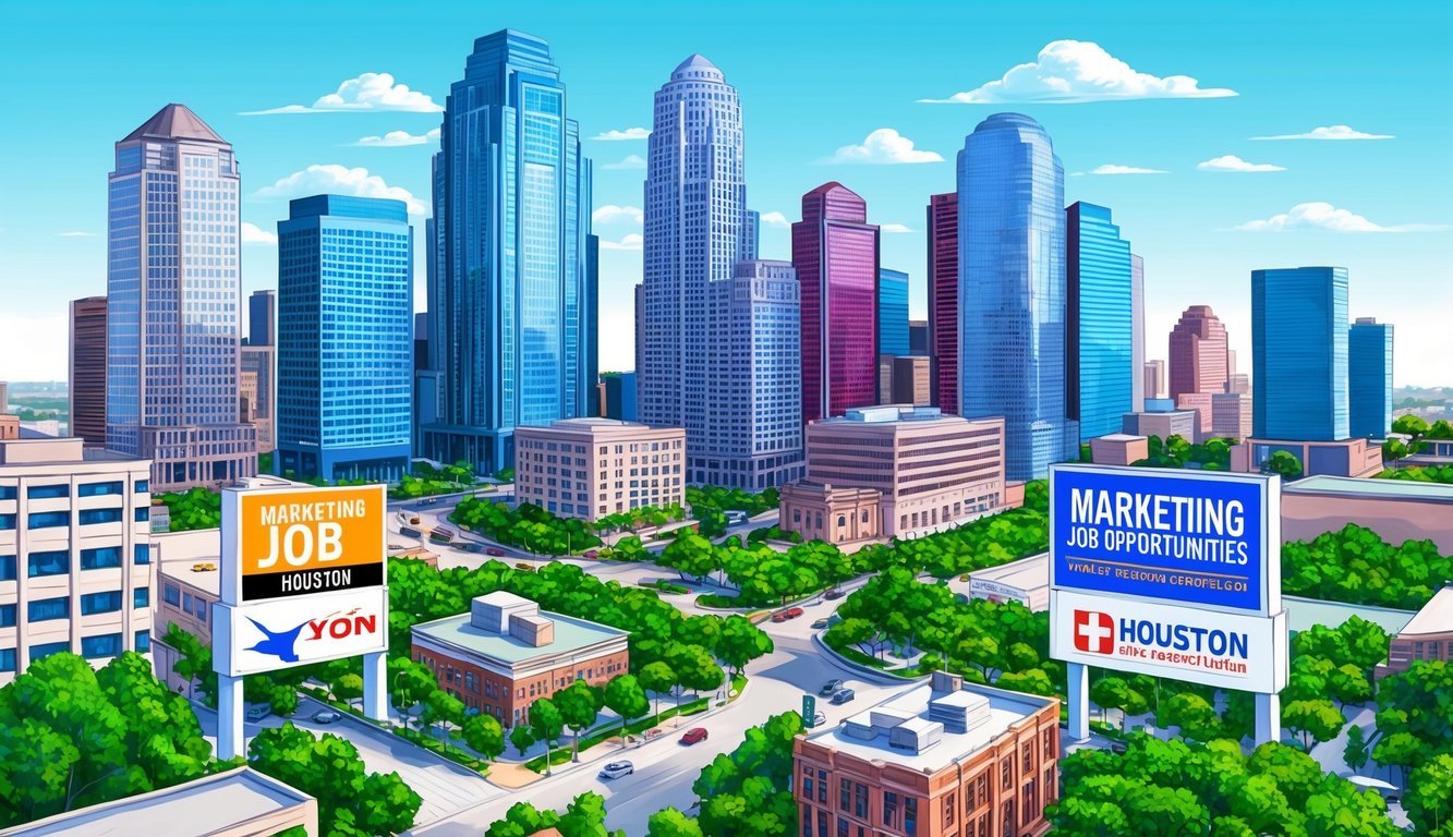 A bustling cityscape with towering skyscrapers and a vibrant downtown area, with billboards and advertisements for marketing job opportunities in Houston