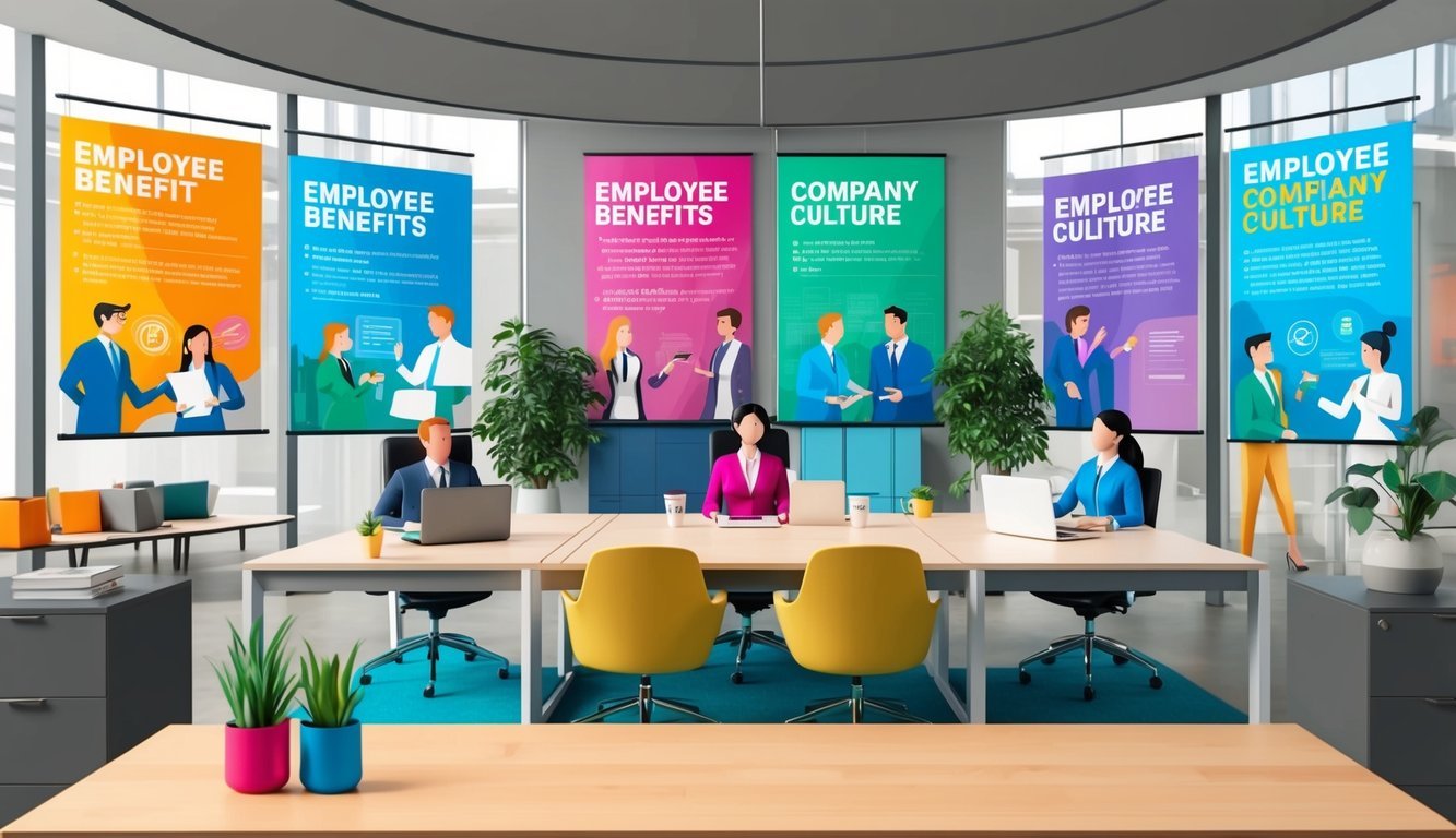 An office setting with a modern, open-concept workspace.</p><p>Brightly colored posters and banners promoting employee benefits and company culture