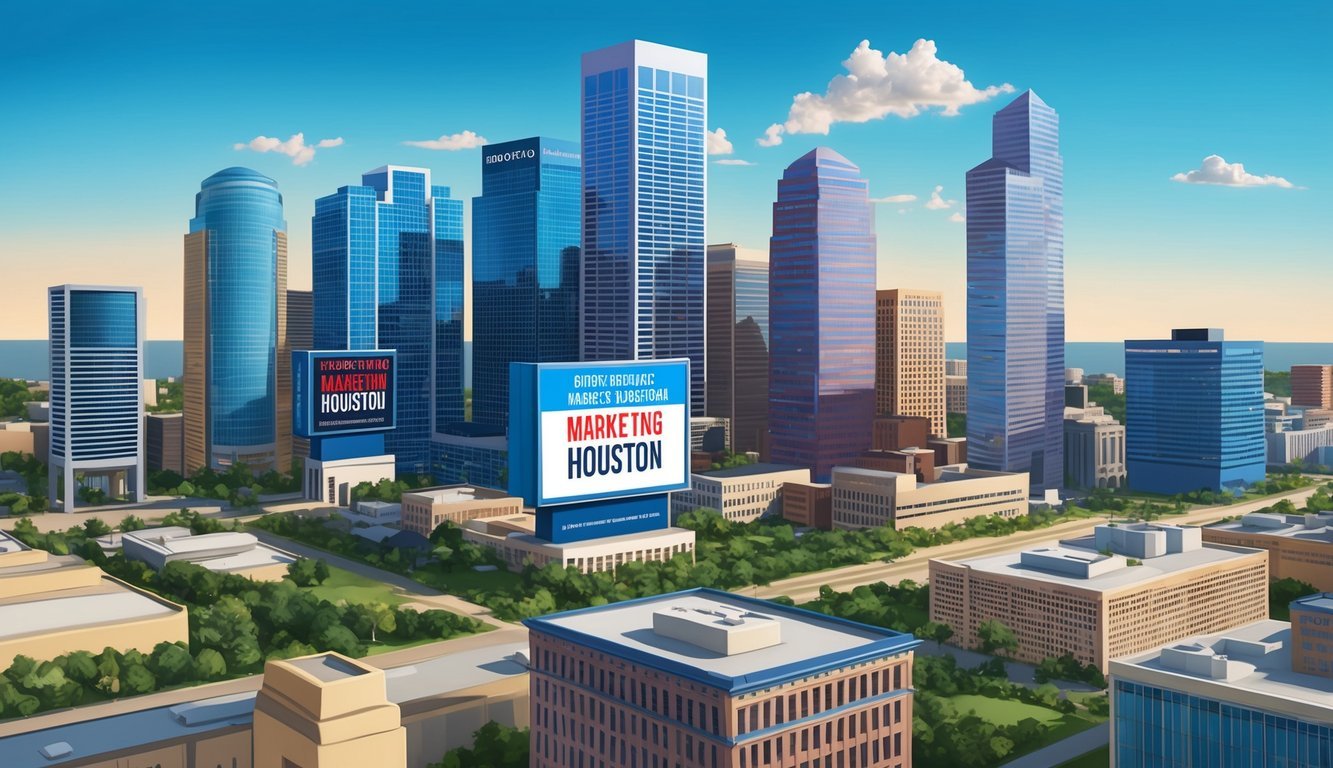 A bustling cityscape with skyscrapers and digital billboards promoting marketing jobs in Houston