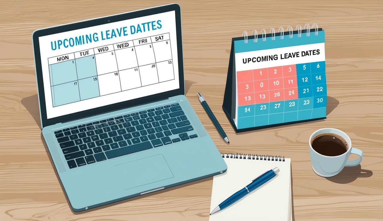 A laptop on a desk with a calendar showing upcoming leave dates, a pen, and a cup of coffee