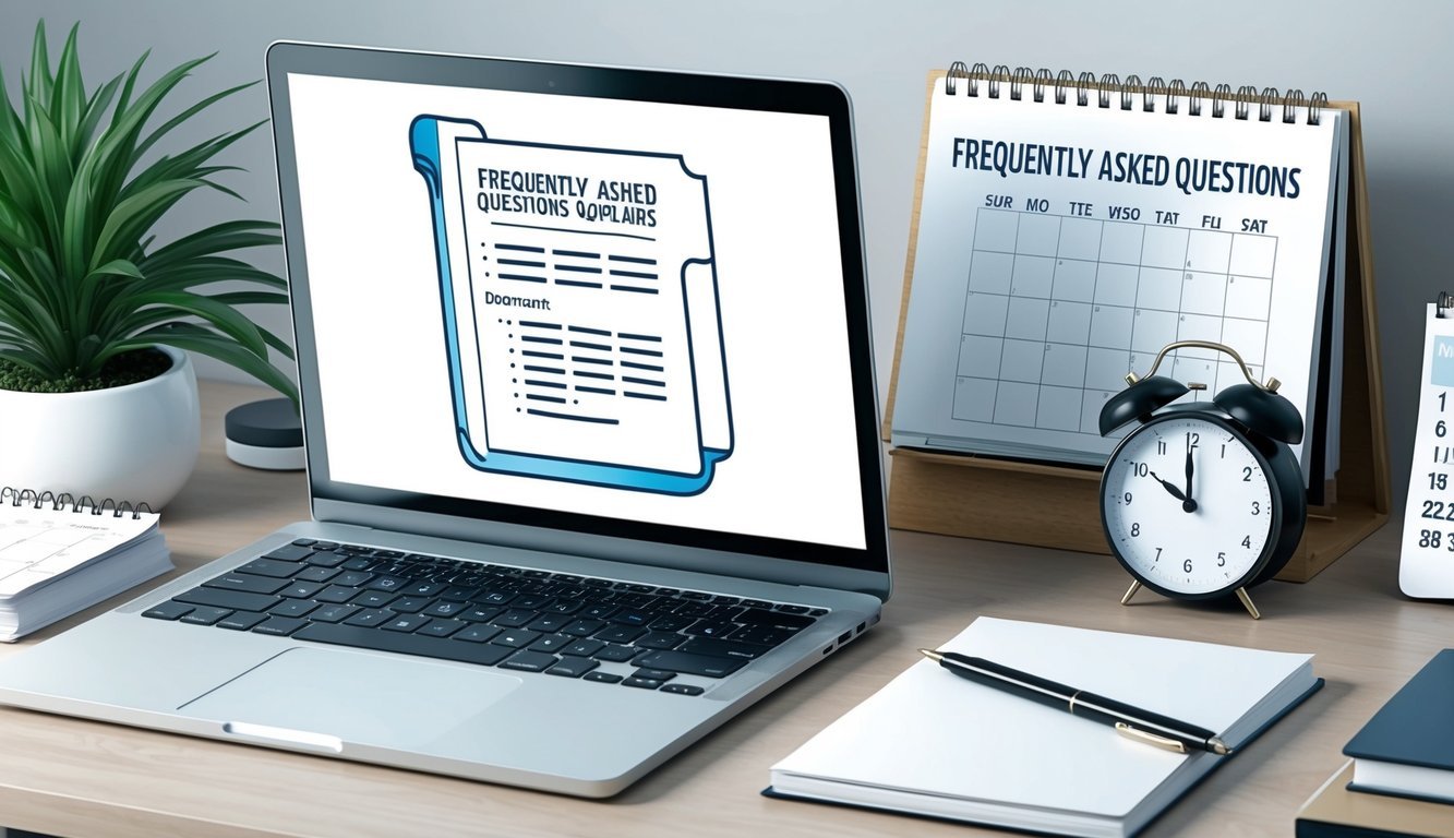 A laptop on a desk with a "Frequently Asked Questions" document open, surrounded by a calendar, a clock, and a plant