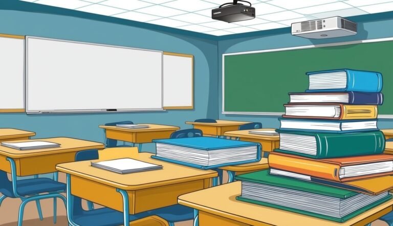 Classroom with desks, whiteboards, and a stack of colorful books on a desk