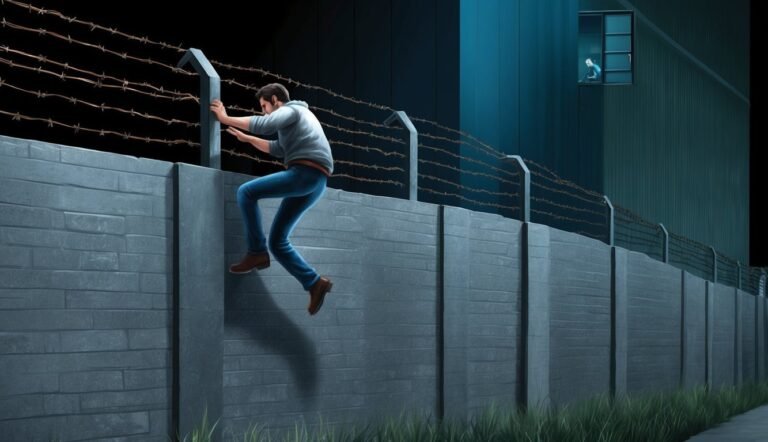Man climbing a wall topped with barbed wire, person in window watches