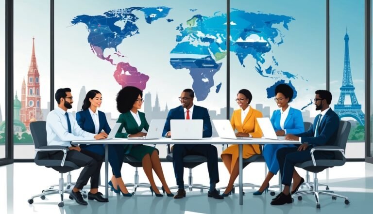 Diverse business team meeting around a table with a world map backdrop
