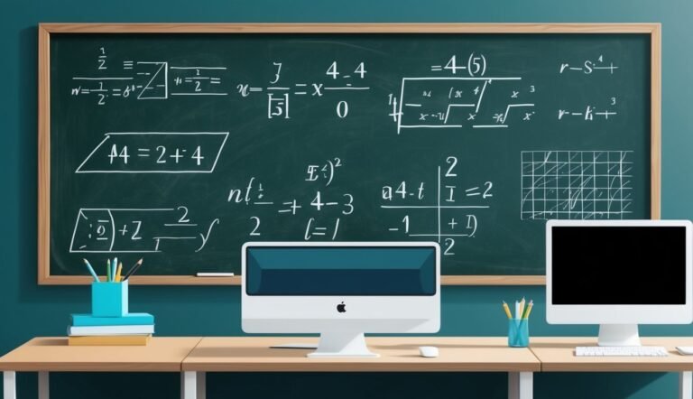 Blackboard with math equations, two computers, and school supplies on a desk