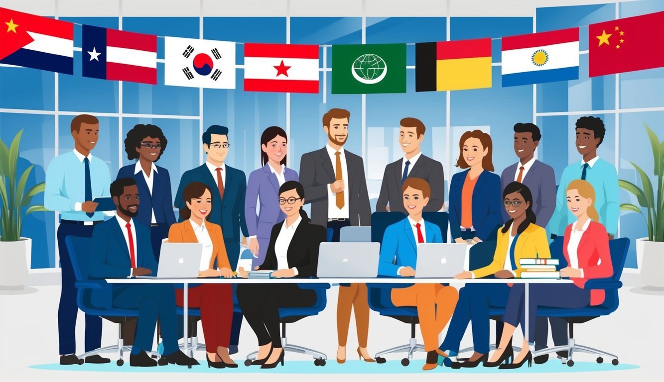 A diverse group of employees from various countries working together in a modern office setting, with international flags displayed in the background