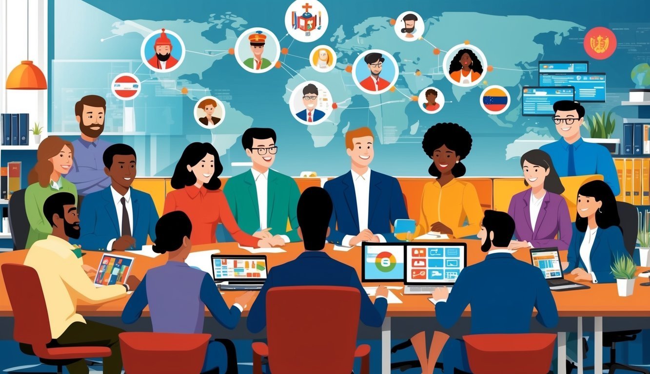 A diverse group of people from different countries working together in a global office setting, with various cultural symbols and technology present