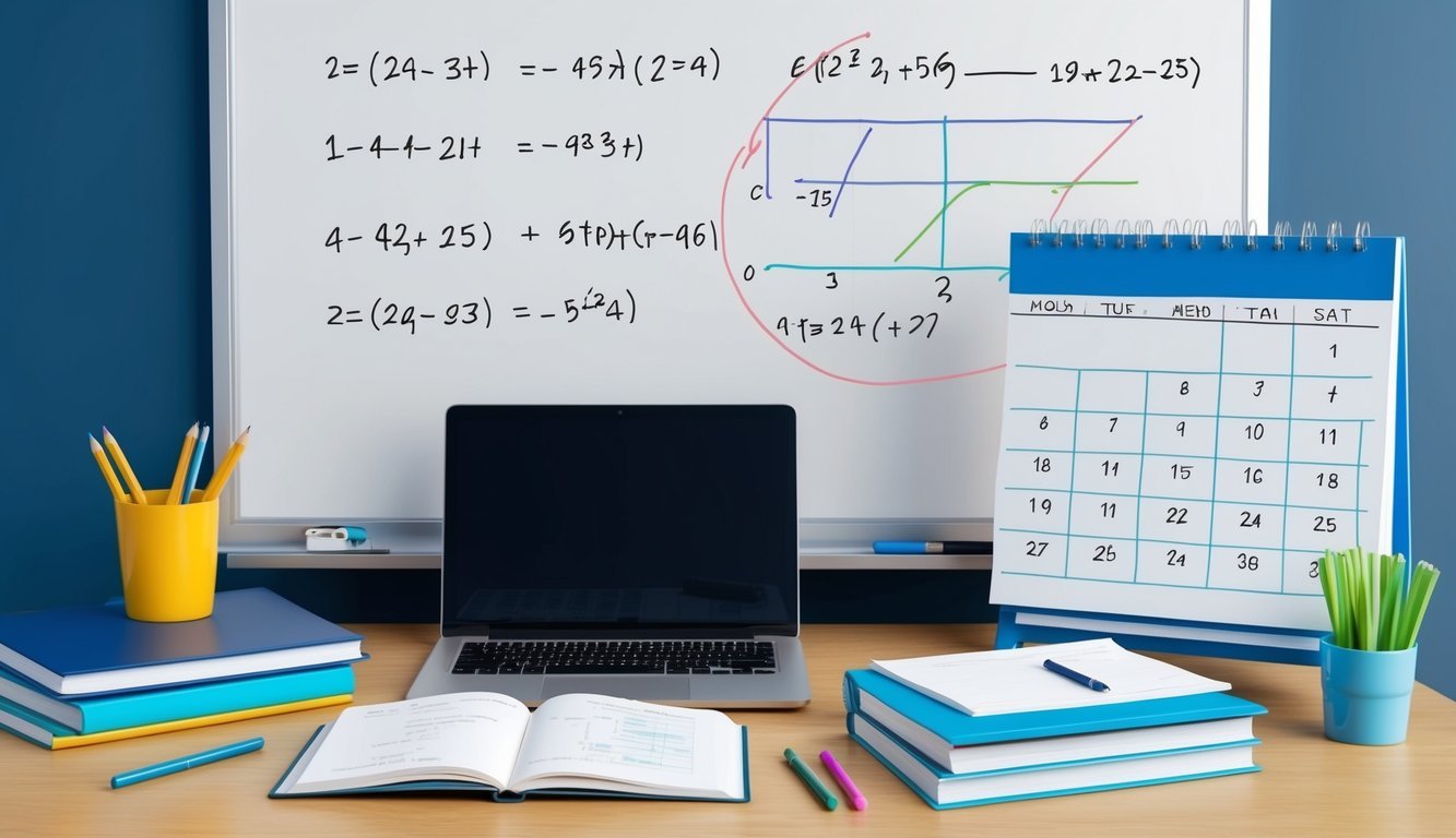 A desk with a laptop, textbooks, and notes.</p><p>A whiteboard with mathematical equations and graphs.</p><p>A calendar with important dates circled