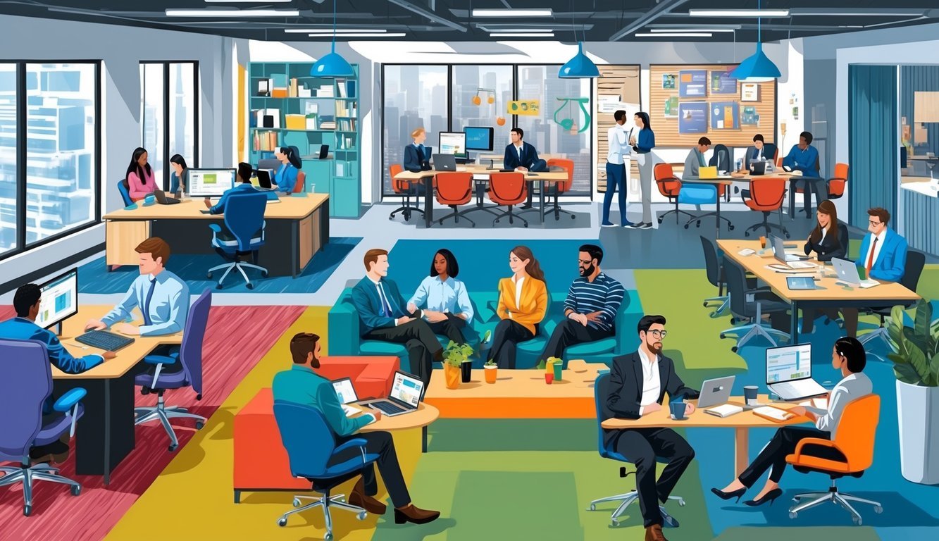 A bustling office with diverse workstations, collaborative meeting spaces, and a relaxed break area.</p><p>Interns engage in mentorship programs and team-building activities