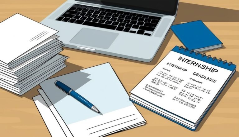 Laptop, internship deadline calendar, papers, and pen on a wooden desk