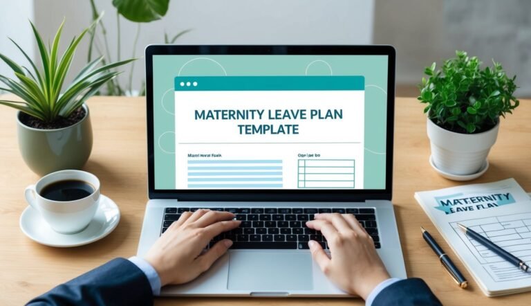 Person working on a laptop with a maternity leave plan template on screen