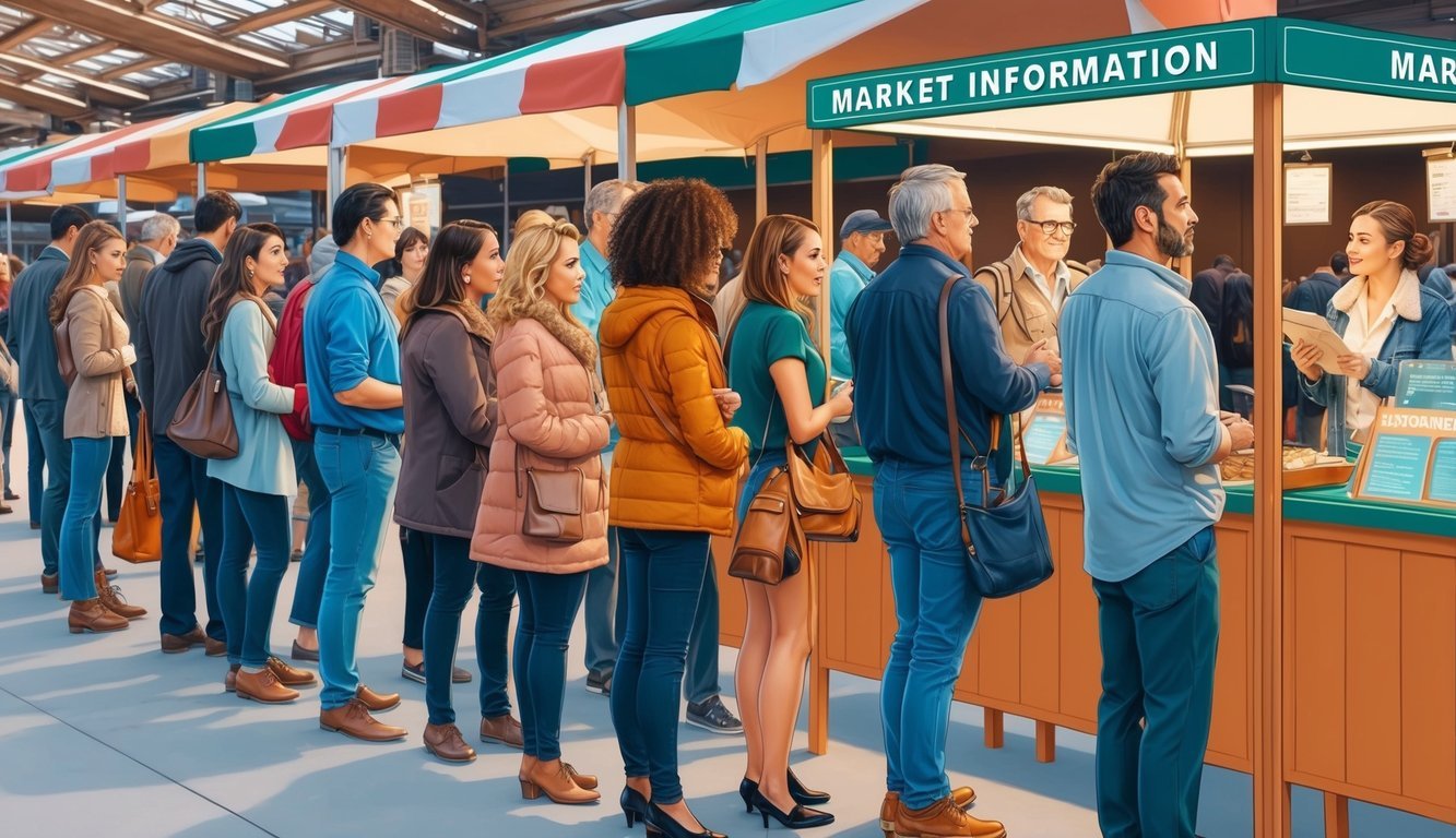 A group of people standing in line, waiting to ask questions at a market information booth