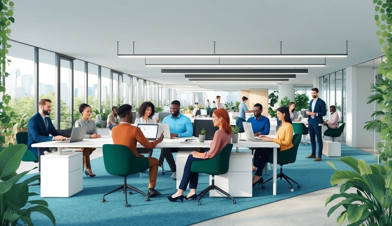 Diverse group of people working in a modern, bright office space