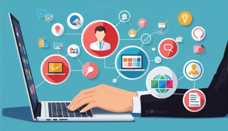 Person using laptop with connected icons representing digital communication